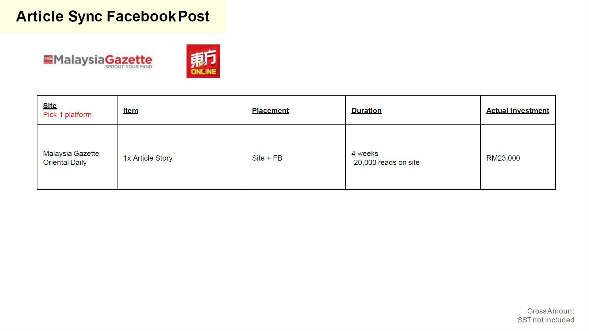 iMedia Article Sync Facebook Post Rate Card (Malaysia Gazette, Oriental Daily)